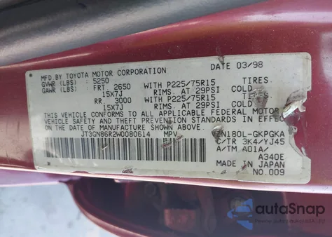 1998 Toyota 4Runner Sr5 V6 из США, поврежденный, VIN JT3GN86R2W0080614